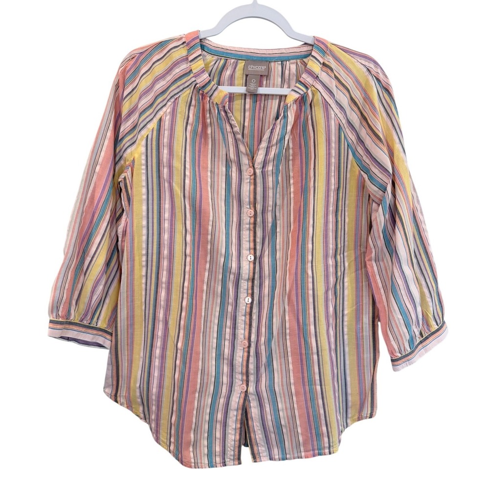 Chico's Button Down Blouse Womens Size 0 Multicolor Stripe Metallic 3/4 Sleeve